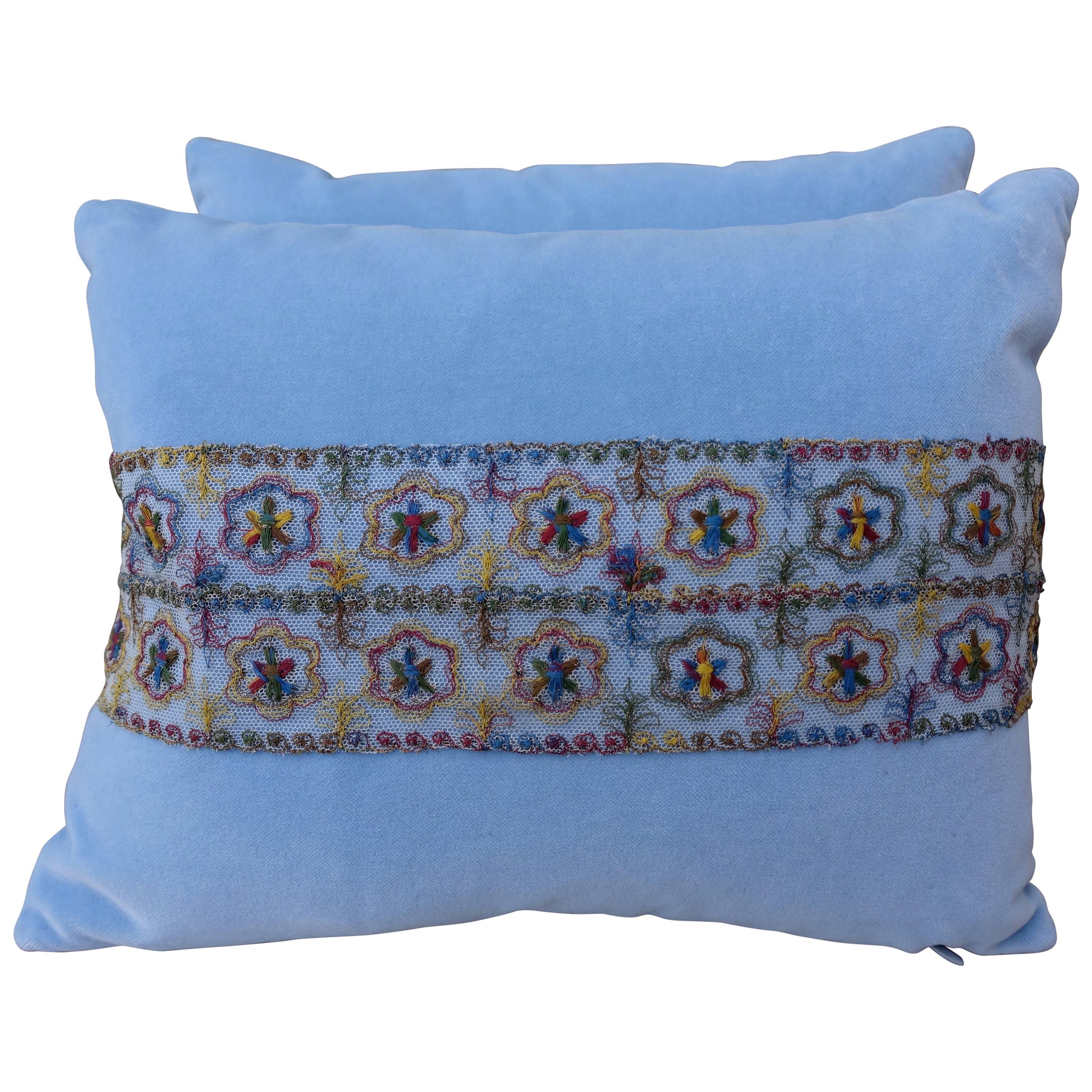 Sky Blue Silk Velvet Pillows Delicate Lace Applique, Pair