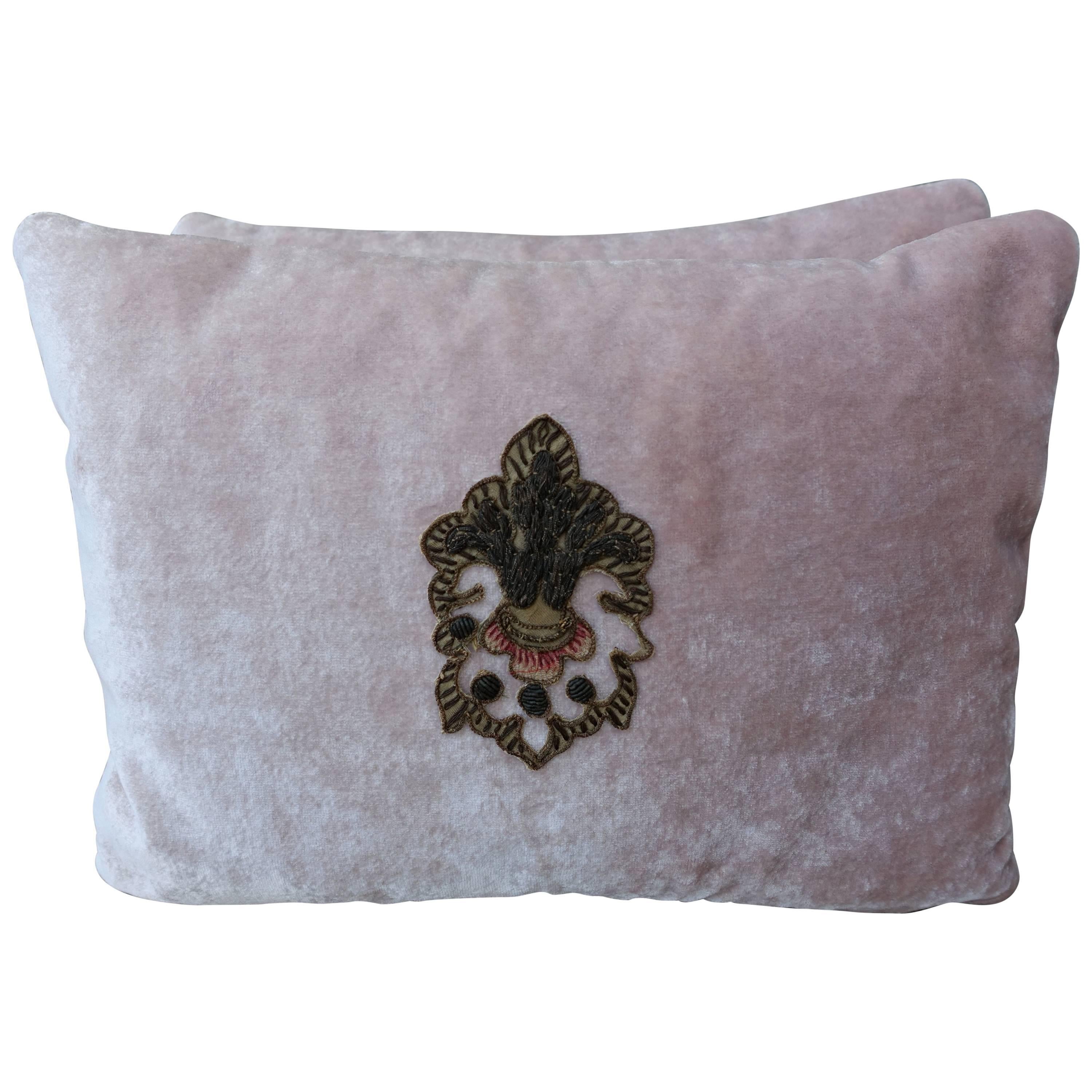 Pink Silk Velvet Pillows with Metallic and Chenille Applique, Pair