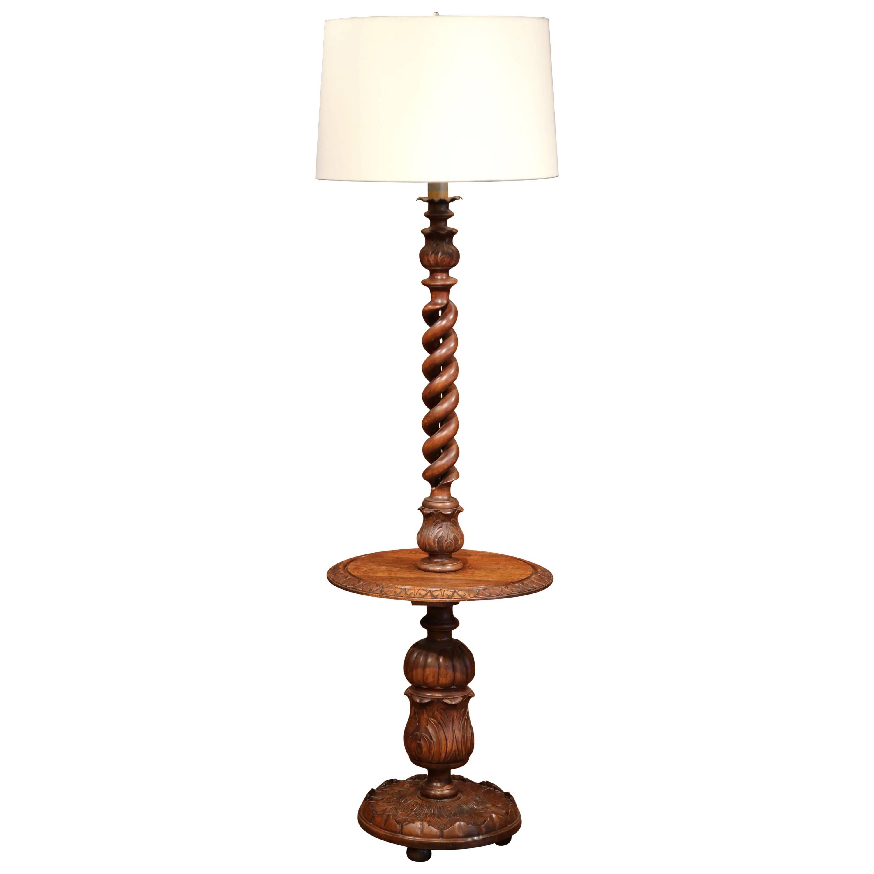 Early 20th Century French Carved and Barley Twist Floor Lamp with Attached Table