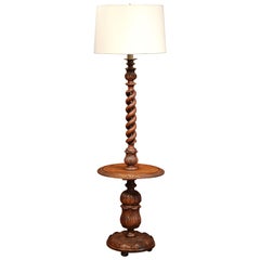 Antique Early 20th Century French Carved and Barley Twist Floor Lamp with Attached Table