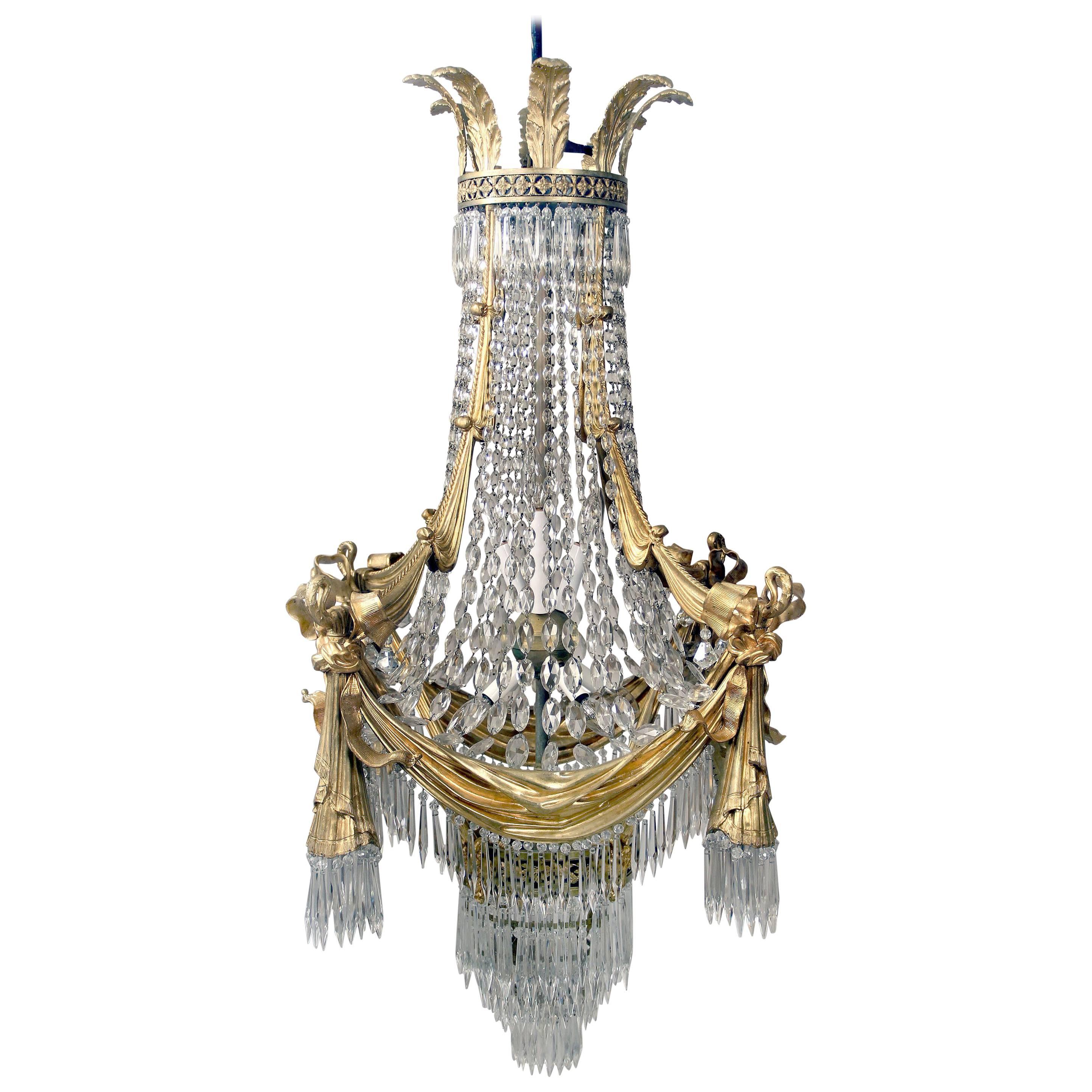 Stunning Late 19th Century Gilt Bronze and Drop Crystal Chandelier For Sale