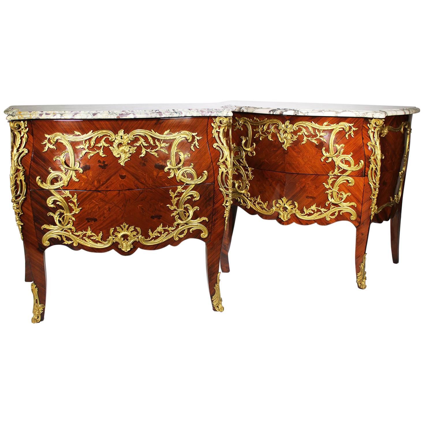 Semi-Pair of French 19th Century Louis XV Style Marquetry & Gilt-Bronze Commodes