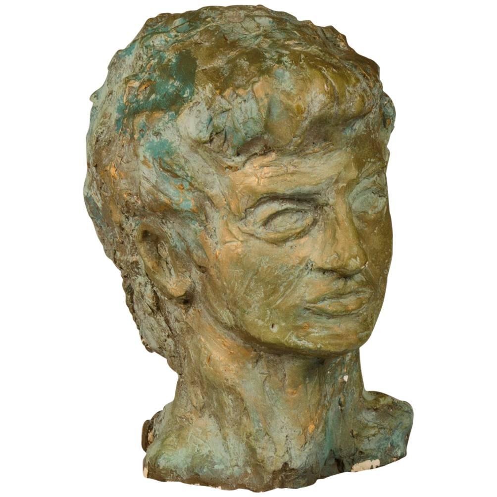 Art Deco French Sculpture of a Male Head in Patinated Plaster, circa 1930