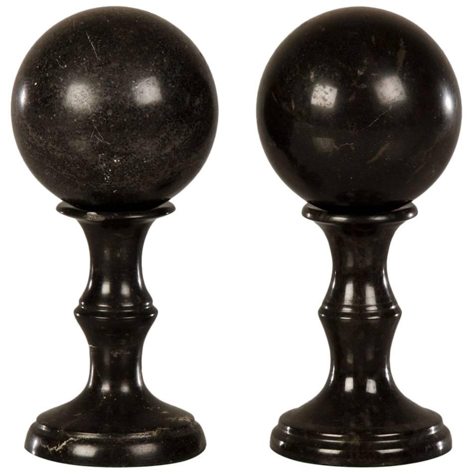 Pair of Antique Italian Black Marble Spheres Atop Baluster Columns, circa 1890