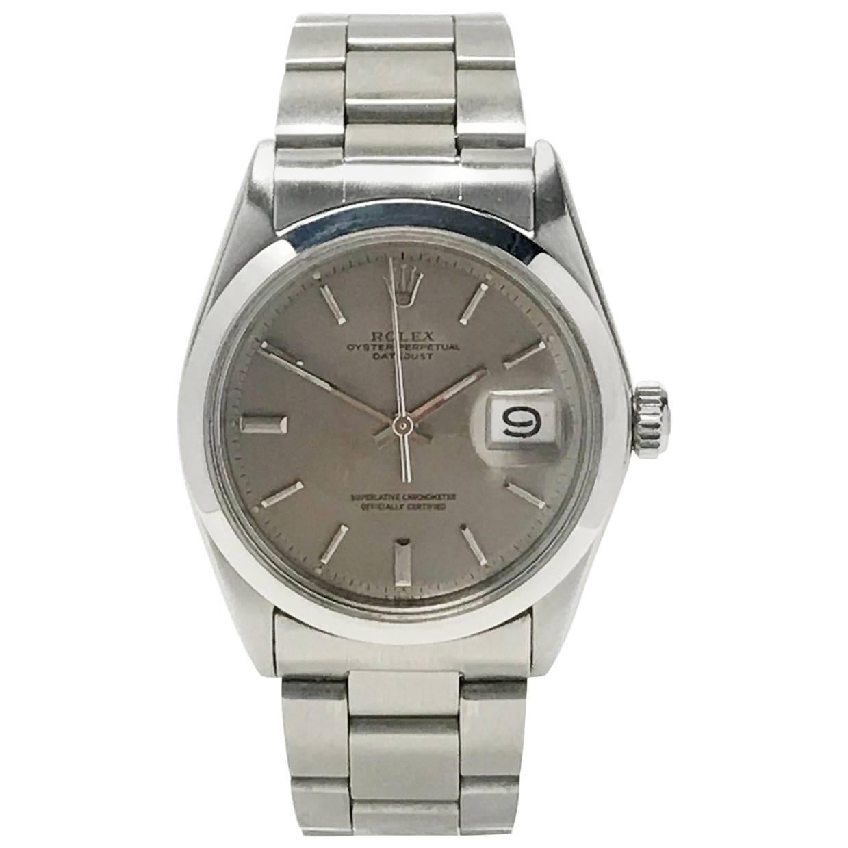 Vintage Men's Rolex Datejust Oyster Wristwatch Stainless Steel and Gray Dial