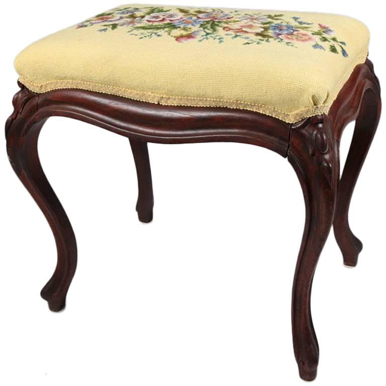 French Louis XVI Needlepoint Upholstered Carved Rosewood Stool, 19th Century