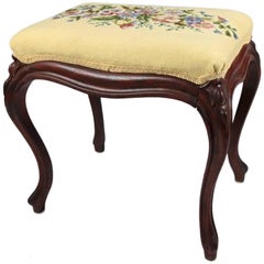 Antique French Louis XVI Needlepoint Upholstered Carved Rosewood Stool, 19th Century