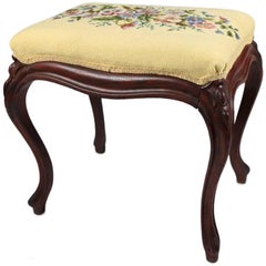 French Louis XVI Needlepoint Upholstered Carved Rosewood Stool, 19th Century