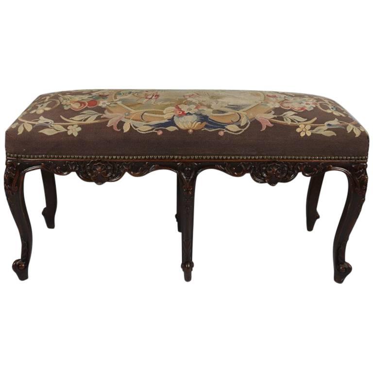 Antique French, Louis XIV Style Caved Mahogany & Tapestry Bench, 19th Century