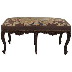 Antique French, Louis XIV Style Caved Mahogany & Tapestry Bench, 19th Century