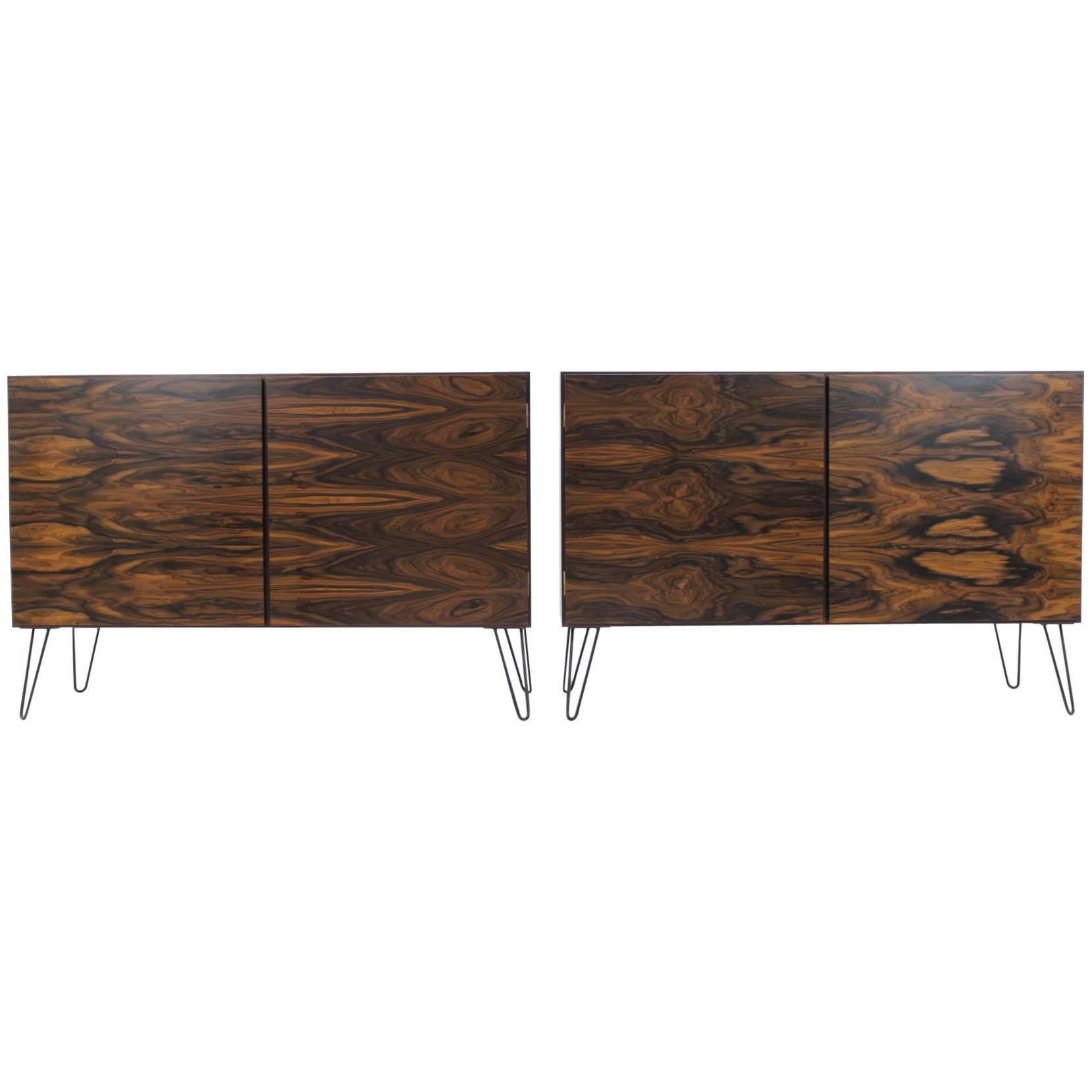 Set of Two Upcycled Palisander Sideboards on Hairpin Legs