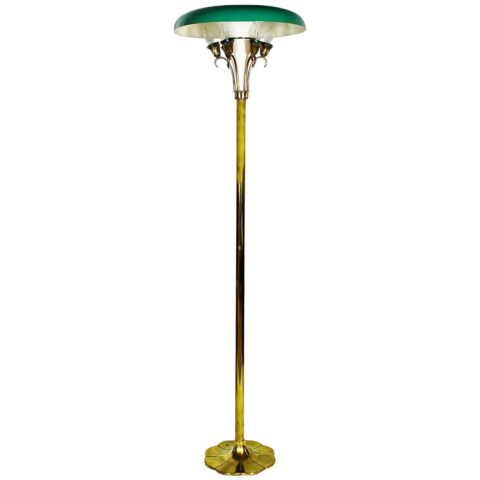 Mid-Century Modern Standing Lamp, solid brass, celadon green lampshade - USA For Sale