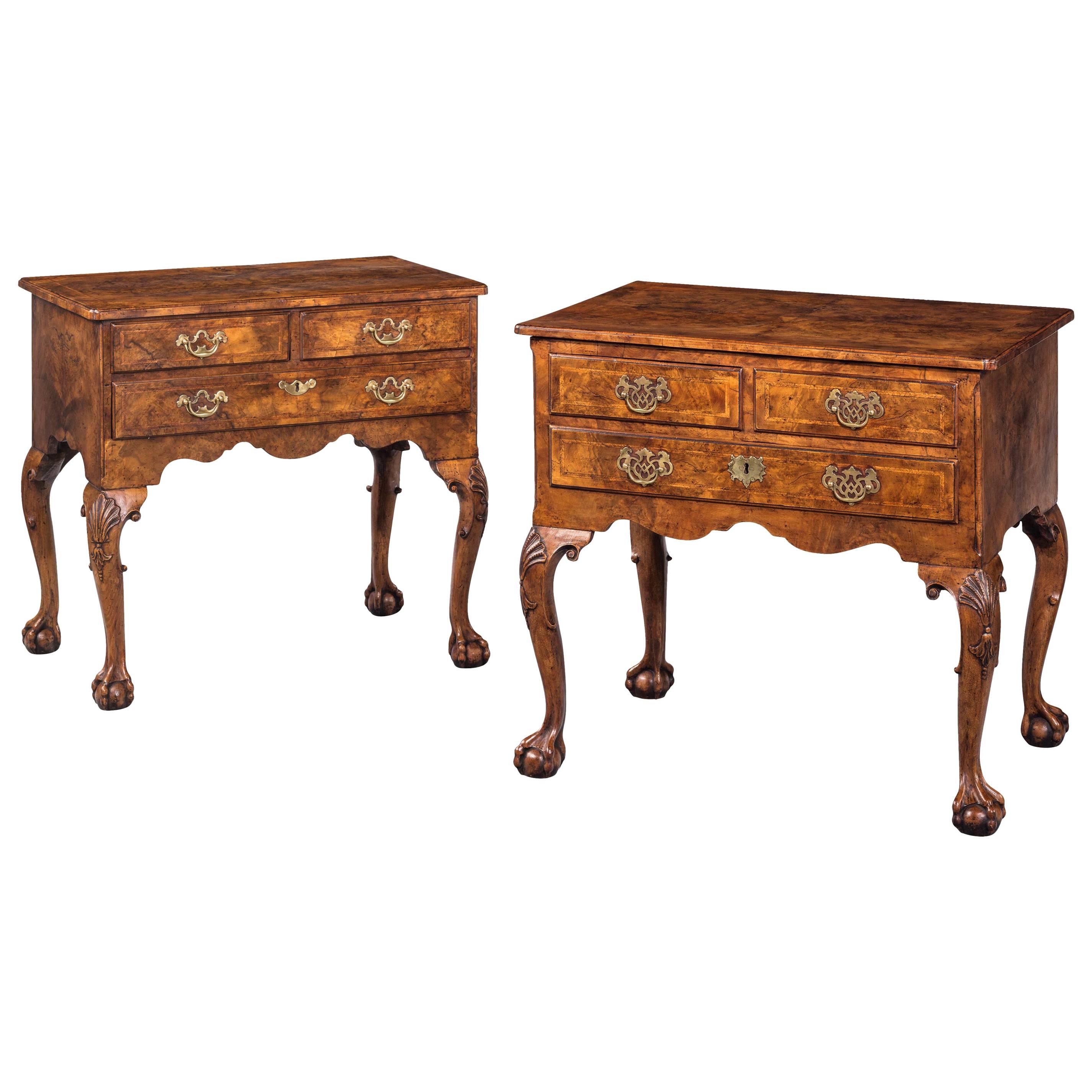 Pair of George I Period Walnut Lowboys with Herringbone Inlay