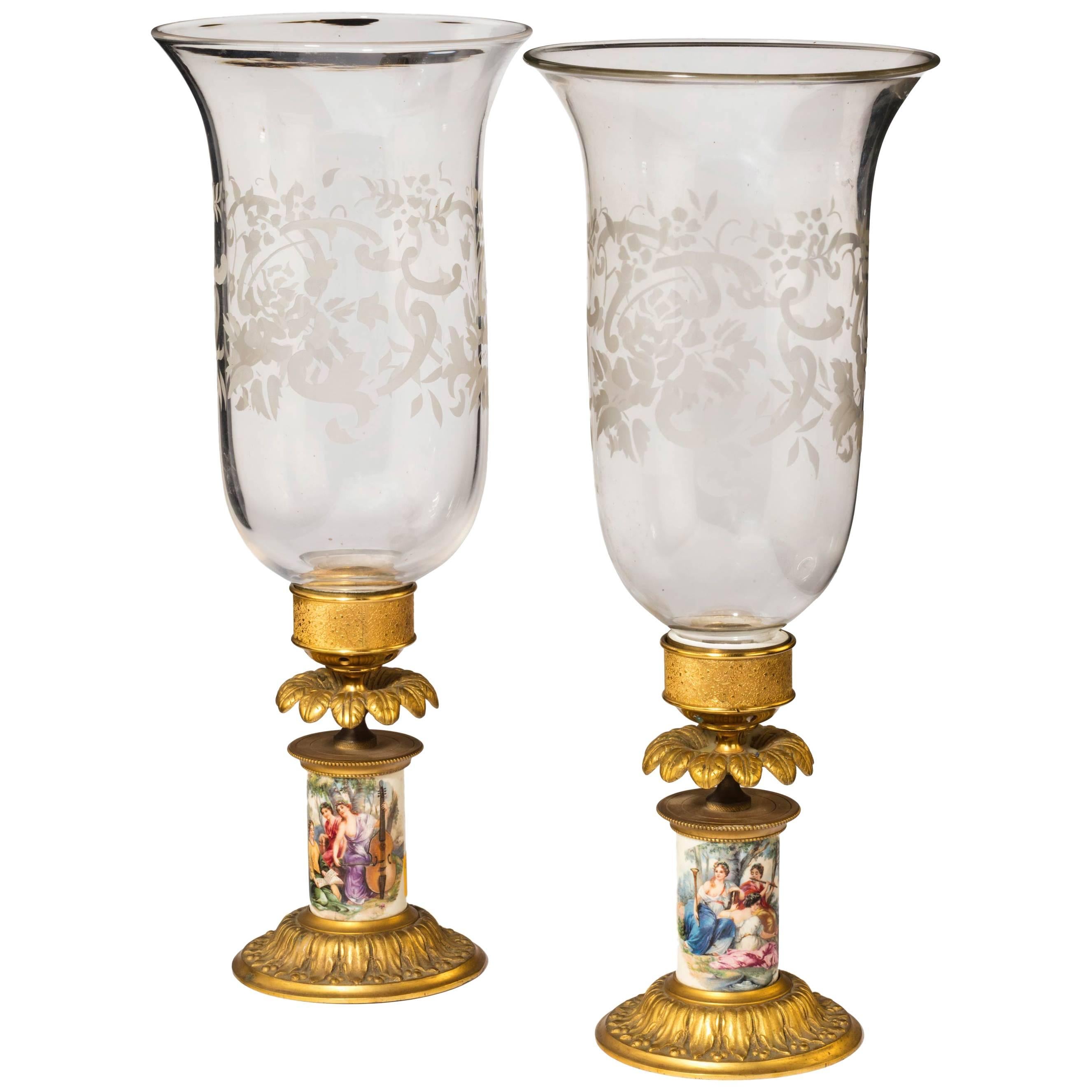 Pair of Late 19th Century Gilt Bronze Porcelain and Glass Storm Lanterns