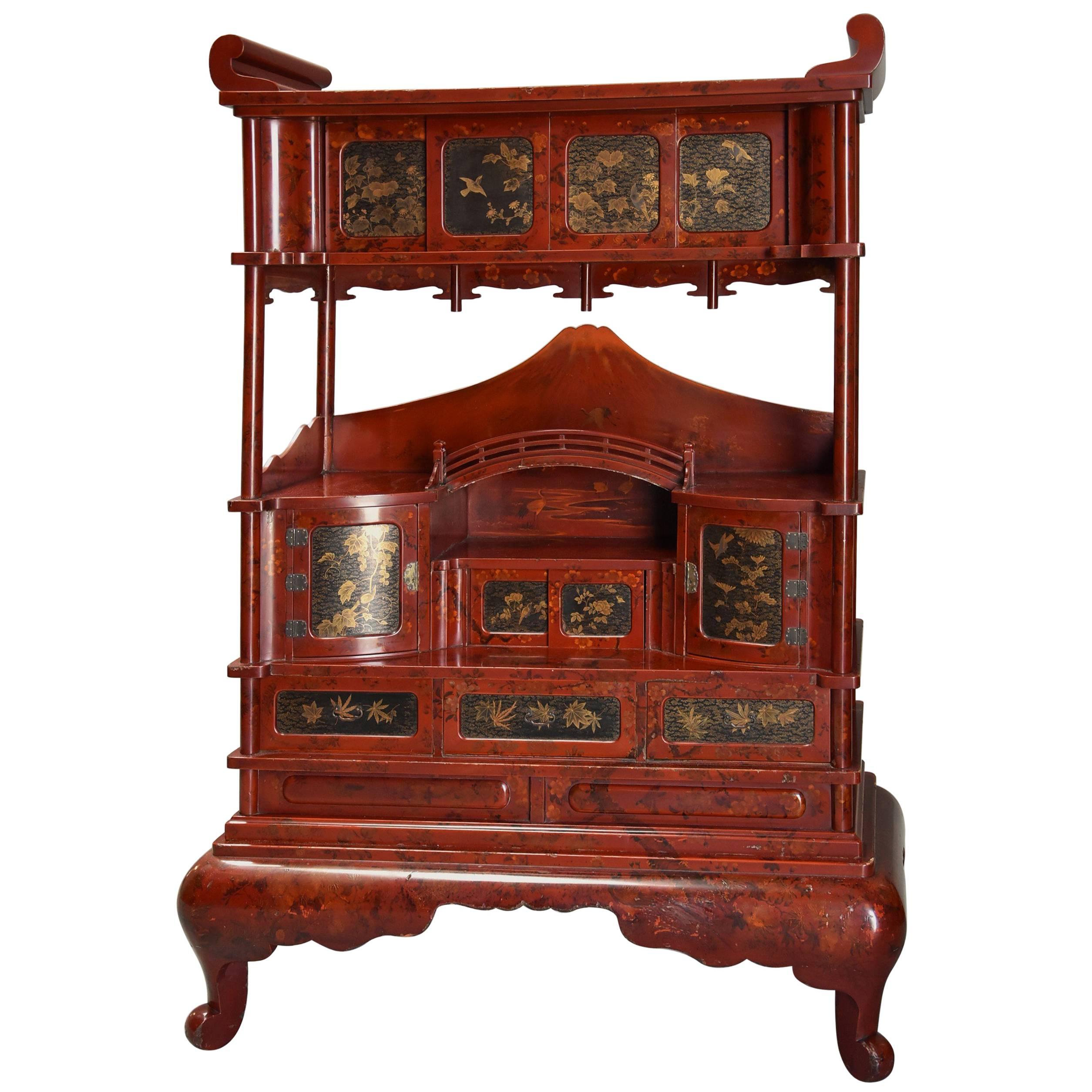 Early 20th Century Japanese Red Lacquered Shodana Cabinet