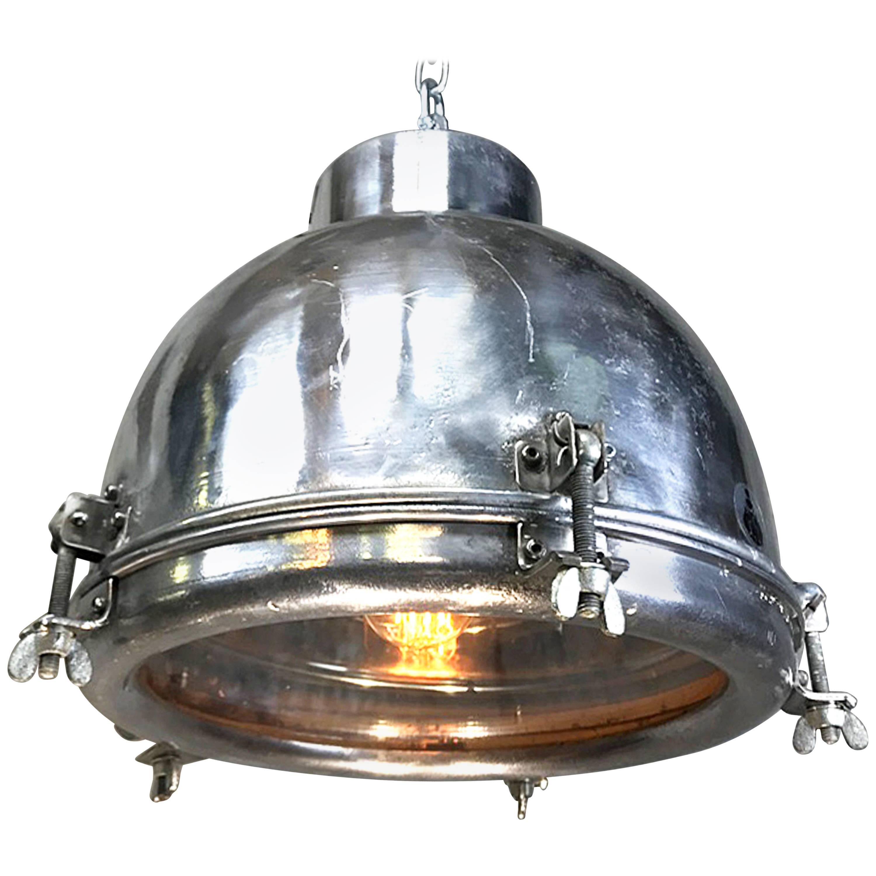 1970s Japanese Vintage Industrial Aluminium Dome Pendant with Steel Fittings