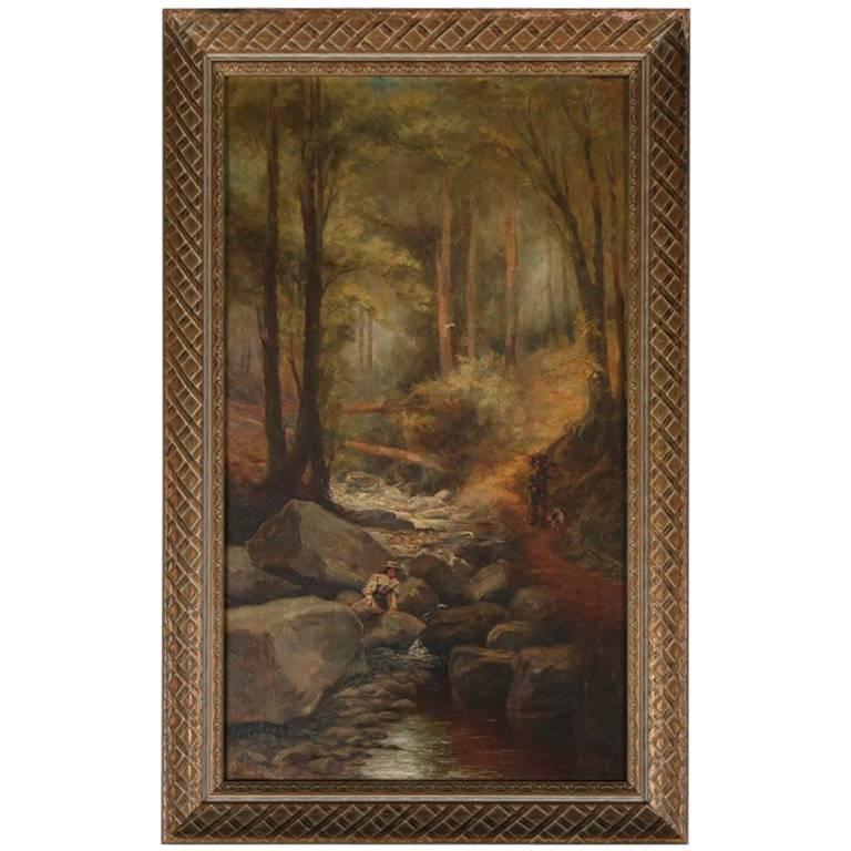 Antique Hudson River School Oil on Canvas "Mountain Stream", Signed 19th Century