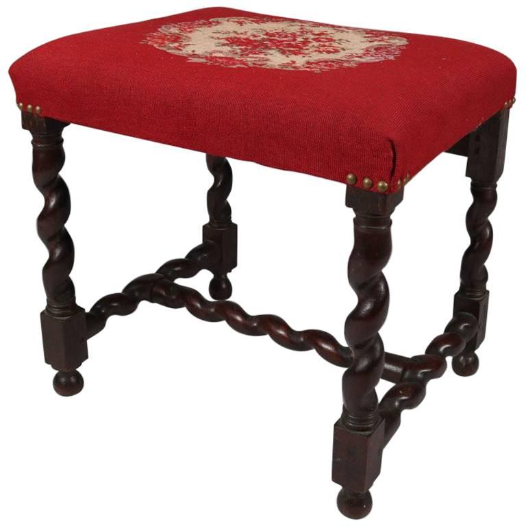 Antique Carved Mahogany Barley Twist Footstool with Floral Needlepoint Cushion