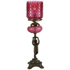 Antique Bronze Cherub Figural Table Lamp with Cranberry Hobnail Shade and Font 10