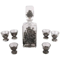 Vintage French Lalique School Liqueur Set with Decanter and Six Aperitif Goblets