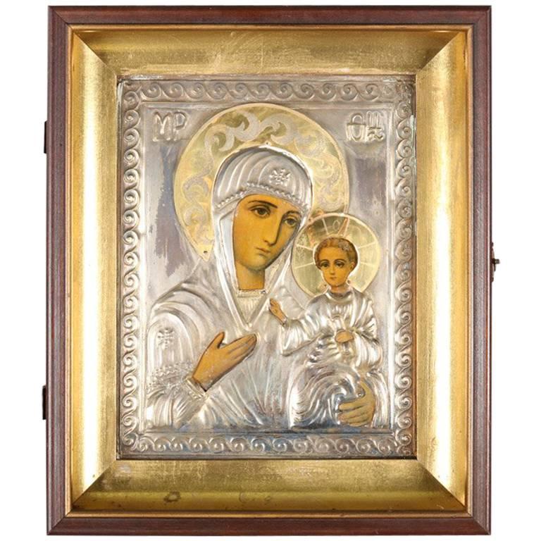 Antique Russian Orthodox Painted Metal Madonna and Child Icon, Signed and Framed