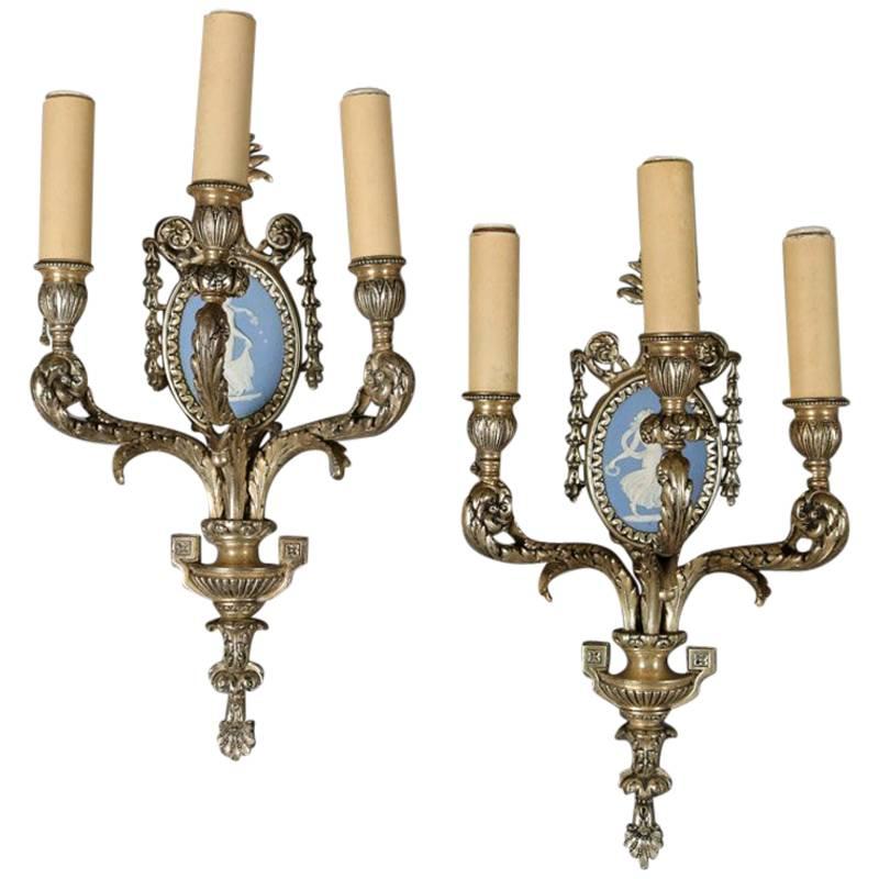 Pair of Antique Classical Urn & Acanthus Form Gilt Sconce, Wedgwood Porcelain