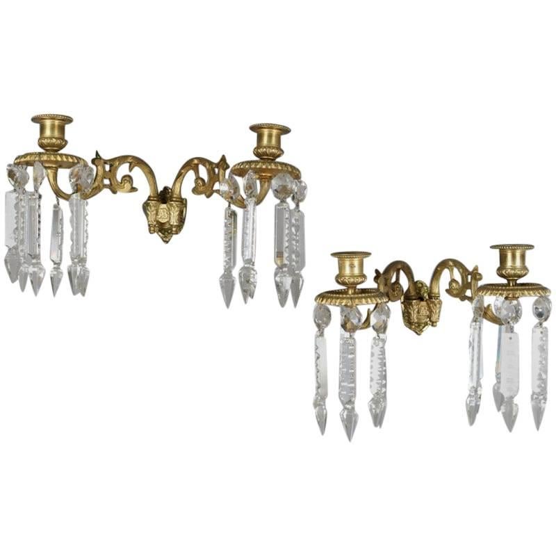 Pair of Antique French Gilt Bronze and Crystal Foliate Dual Candle Wall Sconces