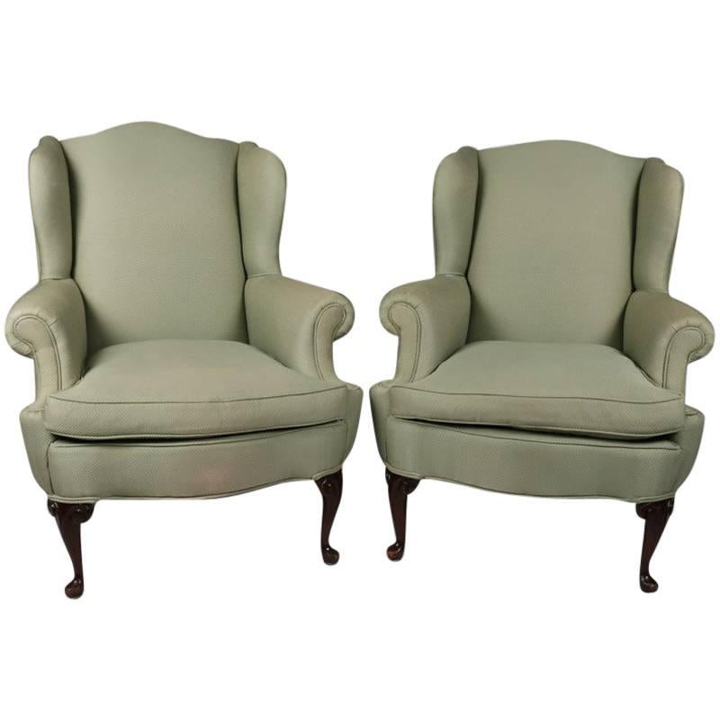 Pair of Antique Sage Queen Anne Style Upholstered Wingback Chairs, 20th Century
