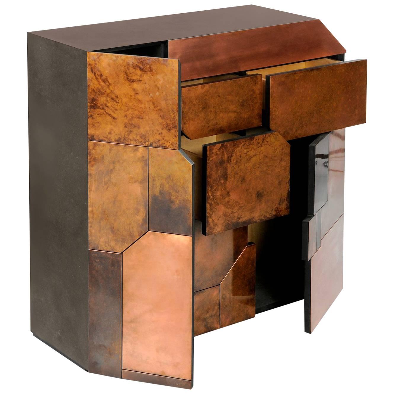 Contemporary Elementi Bar Cabinet or Chest of Drawers With Copper Patina Mosaic For Sale