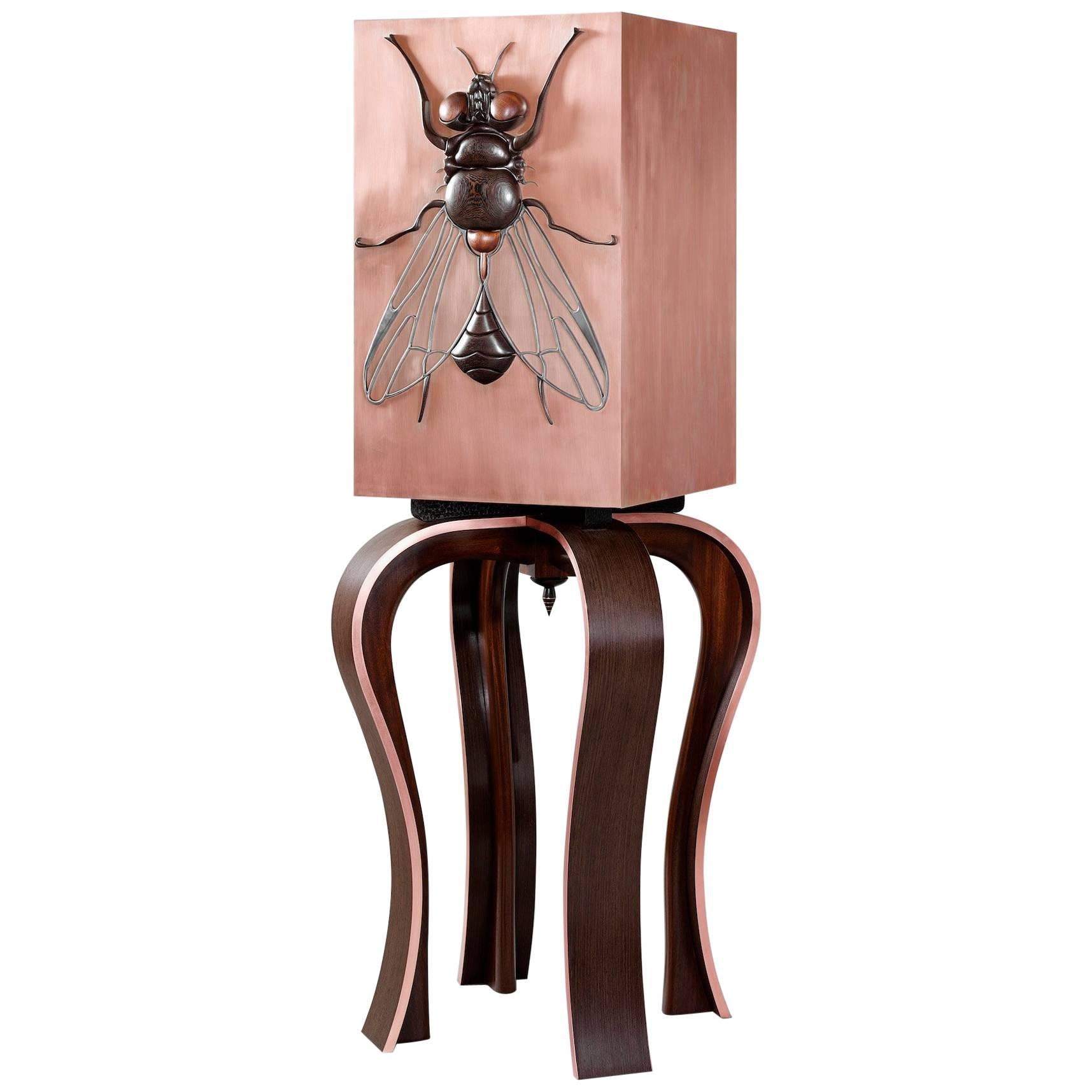 Contemporary Beelzebub Bar Cabinet in Copper Extruded Marquetry Wenge Sapele For Sale