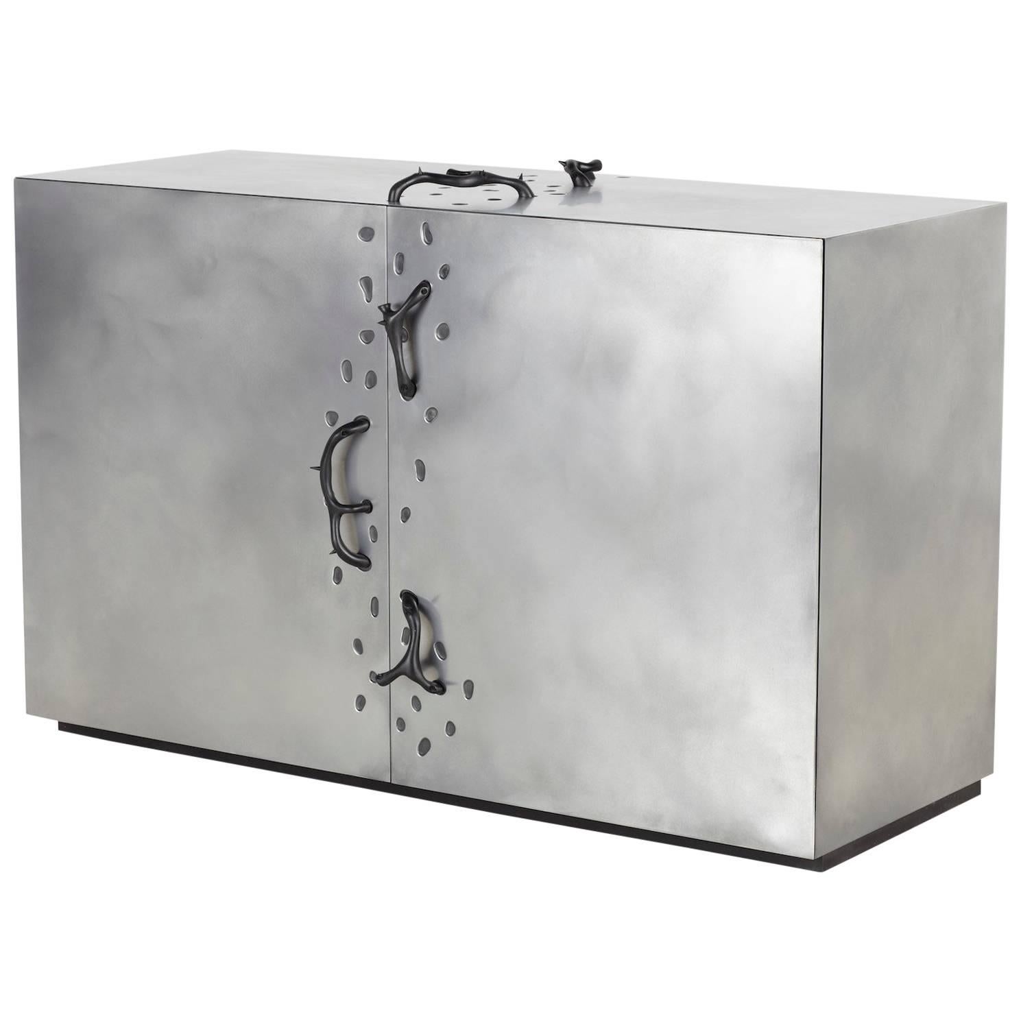 Contemporary Rovi Aluminum Bar Cabinet Or Credenza with Resin Thorn Handles For Sale