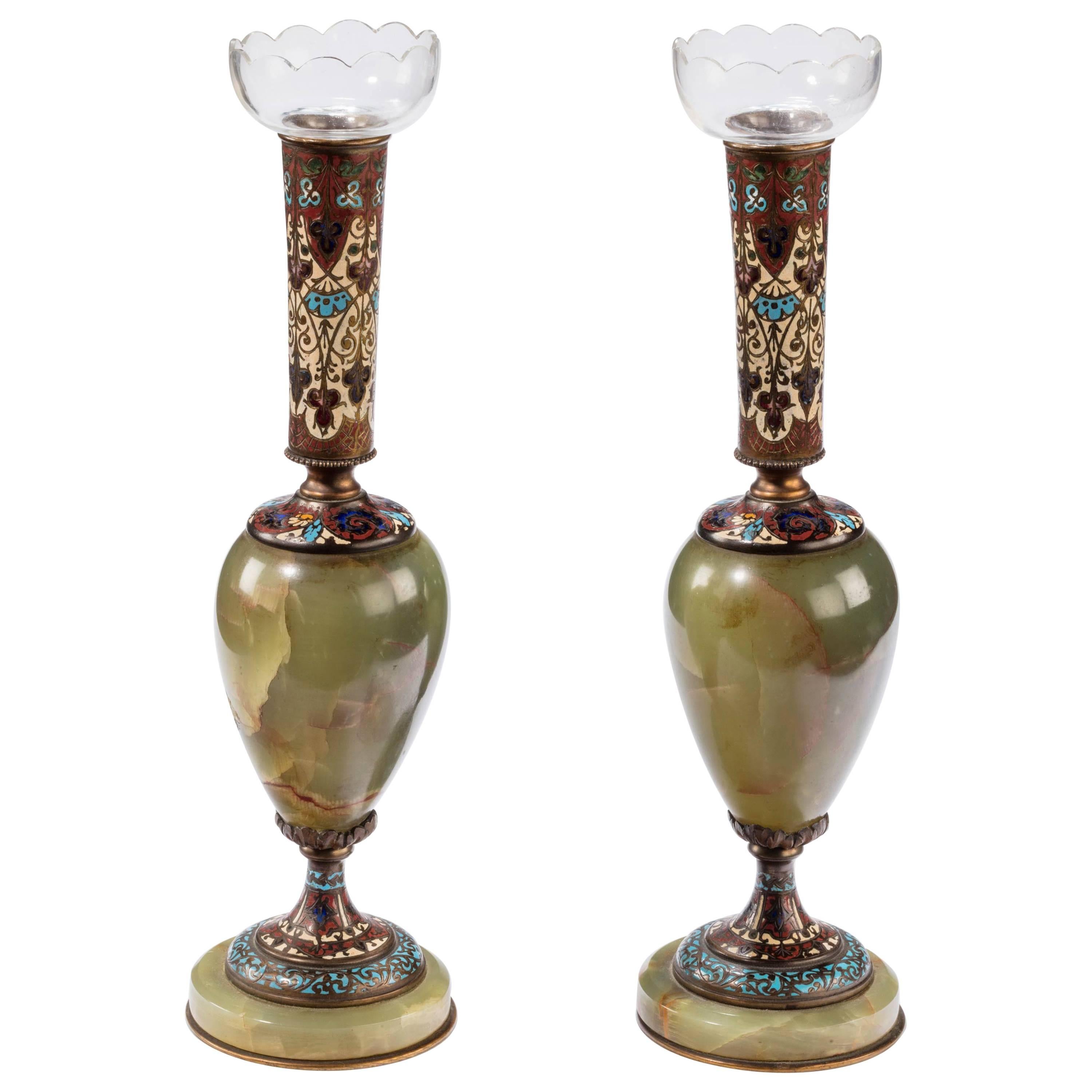 Pair of French Late 19th Century Green Onyx and Champlevé Enamel Vases