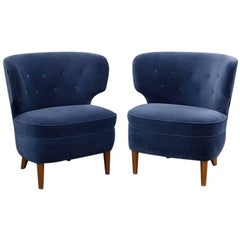 Pair of Velvet Blue Chairs by Sven Staaf, Sweden, circa 1940