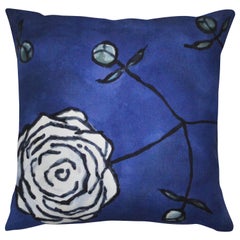 Unique Contemporary Double-Sided Gestural Peonies in Blue Handmade Linen Pillow