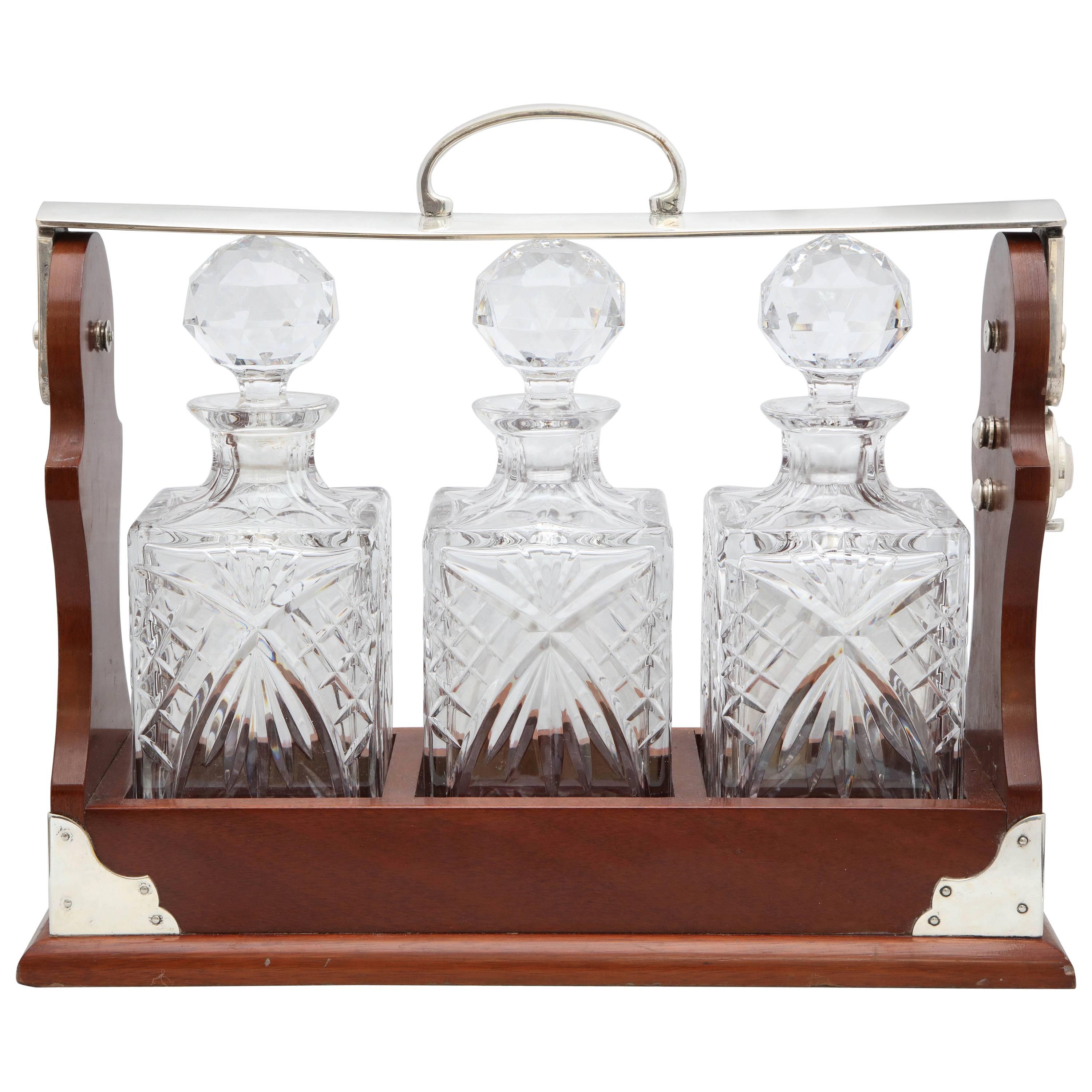 Edwardian Silver Plate, Mounted Wood Case Three Decanter Tantalus