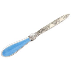 Victorian Sterling Silver and Blue Guilloche Enamel Letter Opener Paper Knife