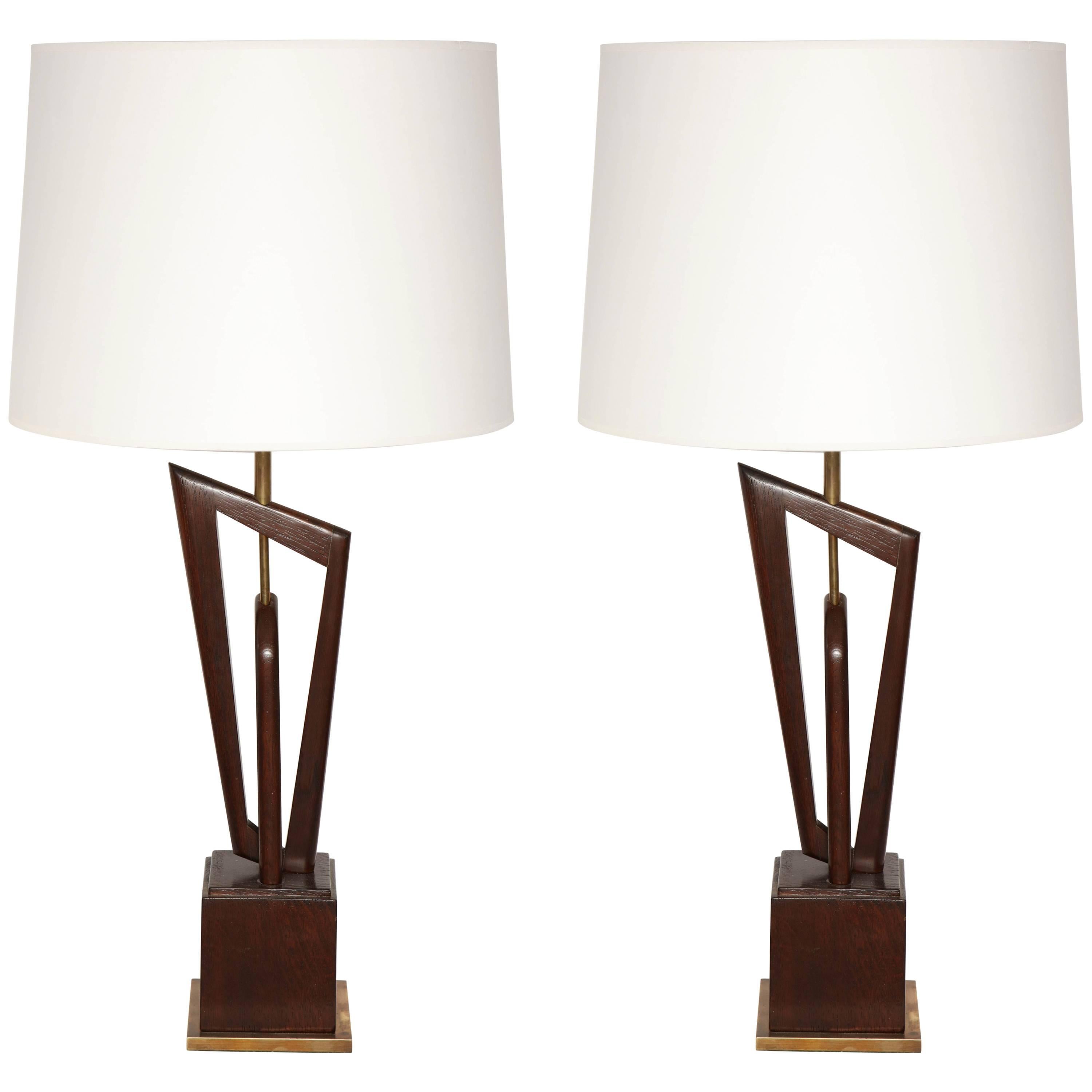 Pair of Mid-Century, 1950s Sculptural Wood and Brass Table Lamps