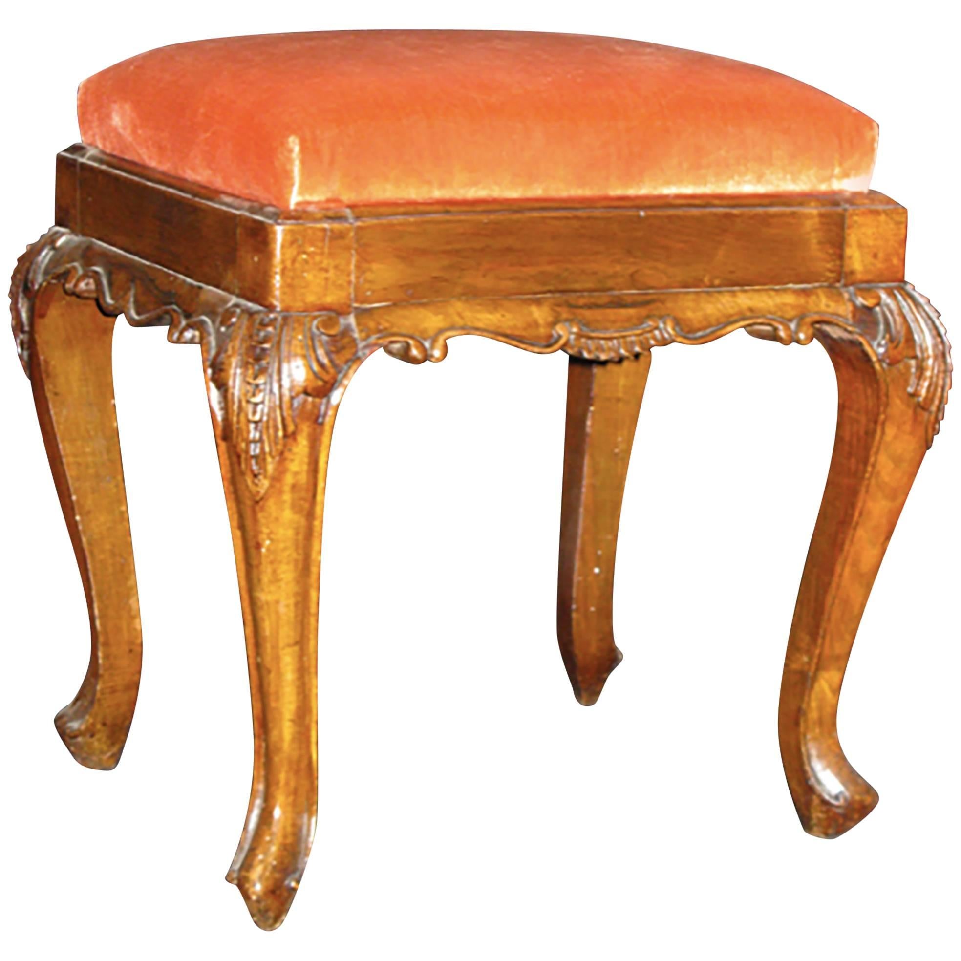 18th Century, Italian Walnut Wood Stool with Velvet Upholstery For Sale