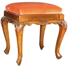 18th Century, Italian Walnut Wood Stool with Velvet Upholstery