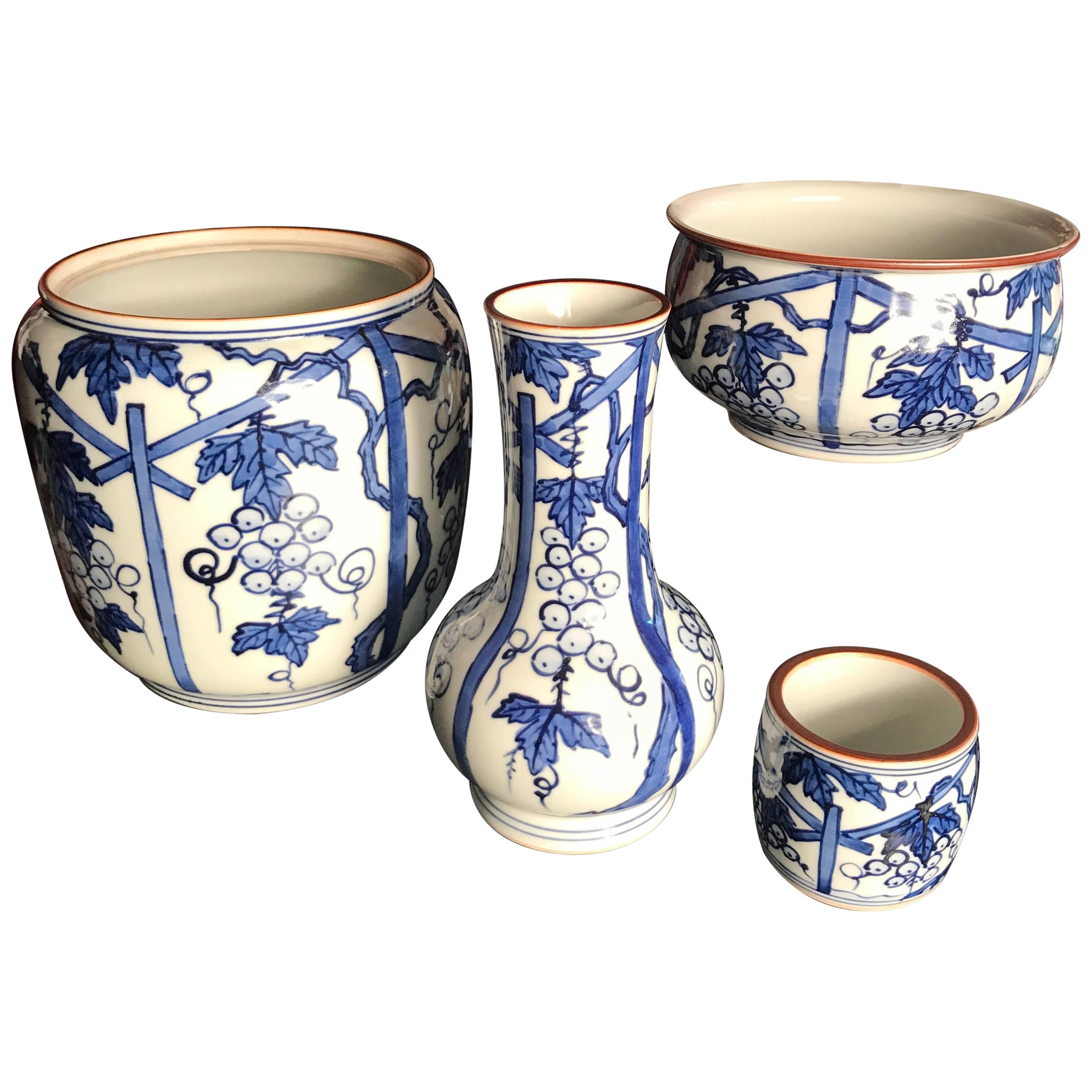 Japan Blue & White Ceramic Grape Leaf Serving Set Four Works Art Mint & Boxed