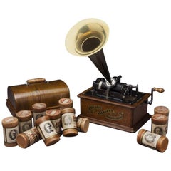 Early 20th Century Oak Edison Cylinder Phonograph with Casing and 12 Records