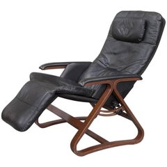 Contemporary Black Leather and Wood Reclining Armchair with Headrest