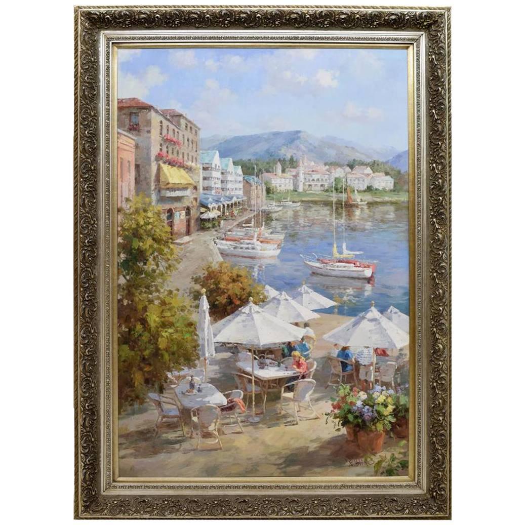 Oil Canvas Painting Impressionistic Style Harbor Yacht Boat Ocean Landscape