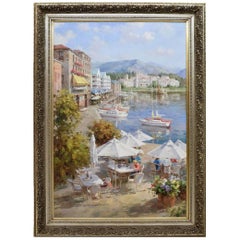 Used Oil Canvas Painting Impressionistic Style Harbor Yacht Boat Ocean Landscape