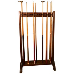 Used Large 19th Century Mahogany 28 Snooker Cue Rack and Cues