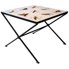 Vintage 20th Century French Coffee Table Made of Metal, Painted Birds on Ceramic, 1960s