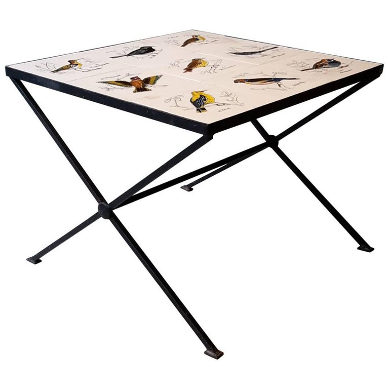 20th Century French Coffee Table Made of Metal, Painted Birds on
