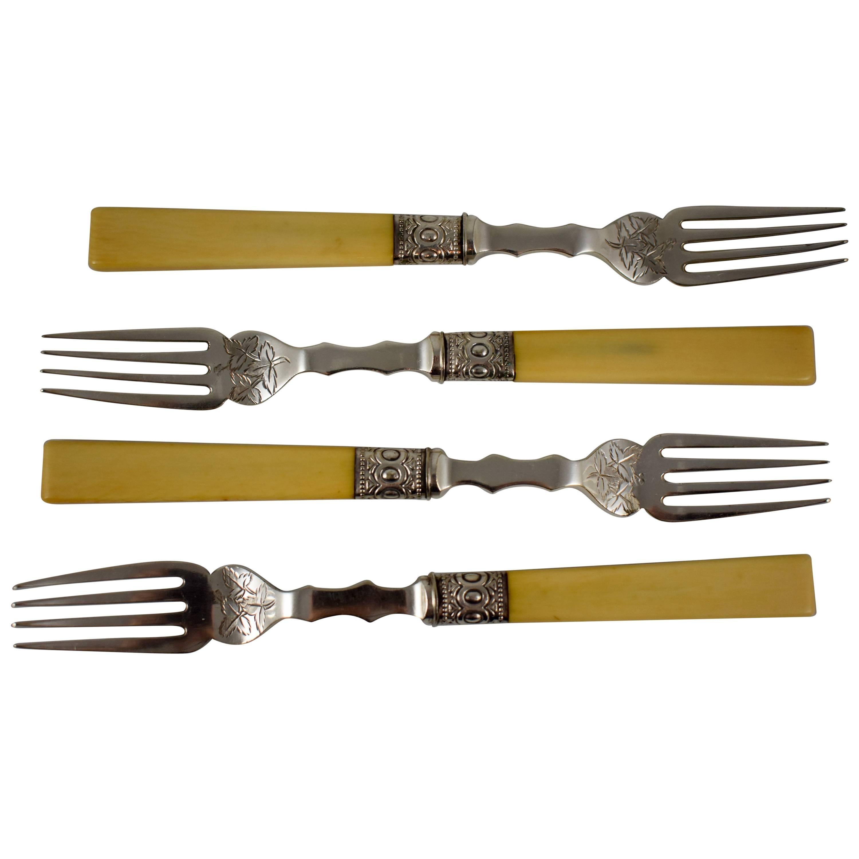 John Round & Sons Natural Bone and Sheffield Silver Engraved Forks, Set of Four