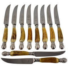 English Natural Antler and Sterling Silver Capped Serrated Knives, Set of Ten