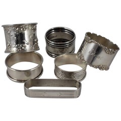 Sterling Silver Antique Napkin Rings, Mixed Set of Six